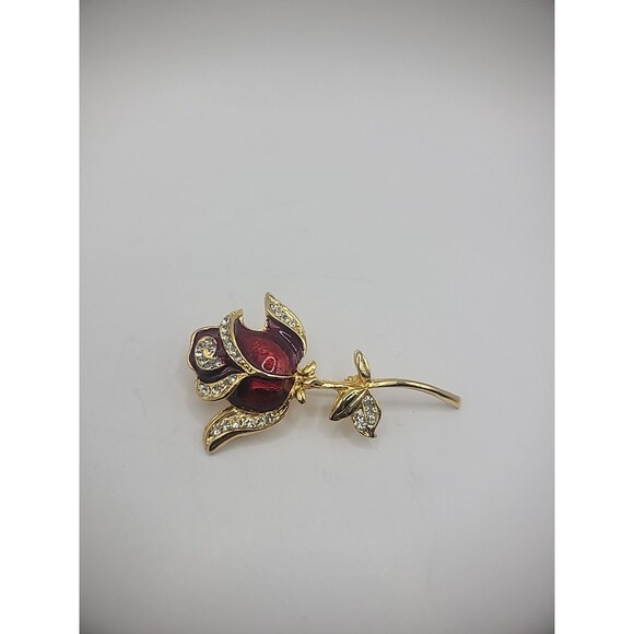 Vintage Brooch Pin Rose Flower Gold Tone Crystals Jewelry Costume - Picture 10 of 15